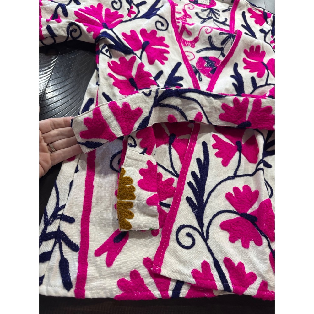 The 57 Suzani Embroidered Robe Jacket Pink Navy Floral Kimono Belted Topper - Picture 3 of 8